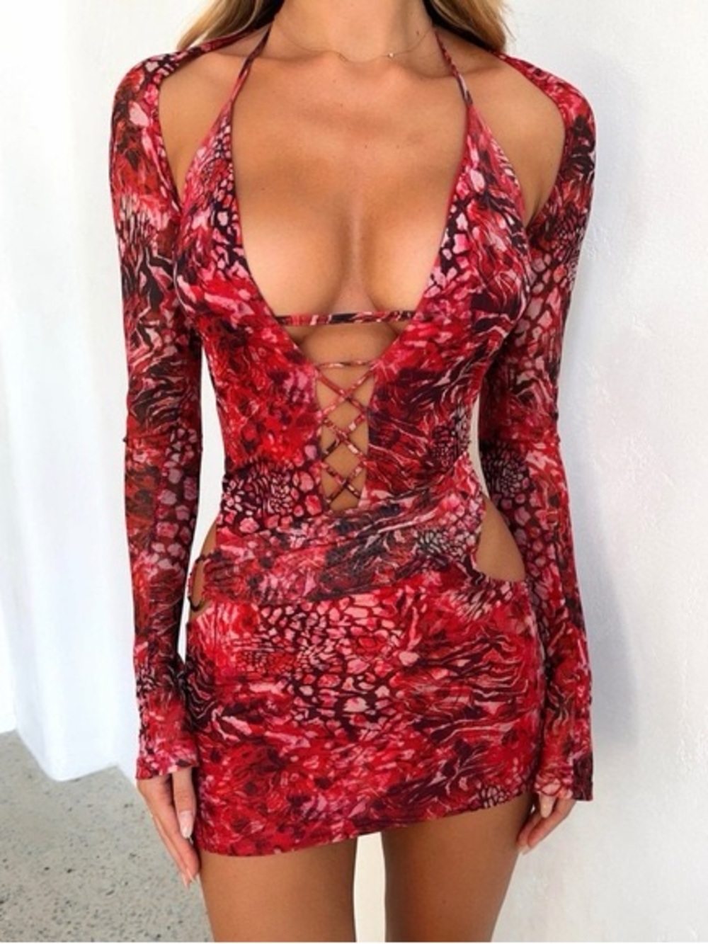 Outcast Red Printed Kahlani Viper Cut-Out Mini Dress - Size S